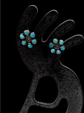 Vintage Zuni Native Sterling Silver Turquoise Petit Point Snake Eye Earrings